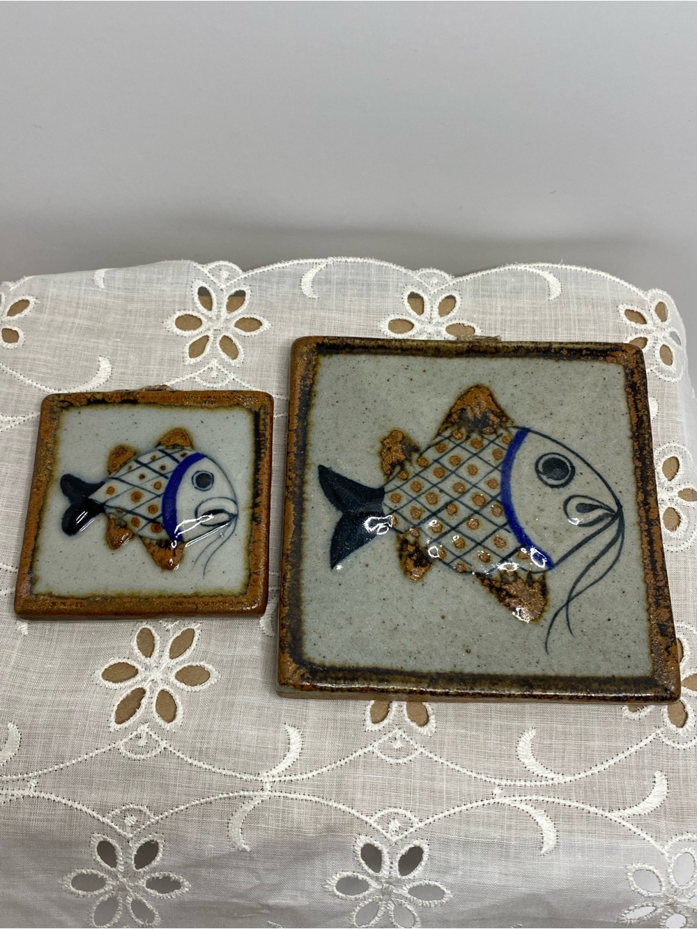 Vintage Studio Pottery Fish Wall Plaques Set 2 Ceramic Tile Hanging Art Rustic
